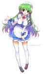  alternate_costume bare_shoulders breasts cleavage corset detached_sleeves enmaided frog full_body gradient_hair green_eyes green_hair hair_ornament highres kochiya_sanae large_breasts legs loafers long_hair maid maid_headdress momiji_mao multicolored_hair open_mouth outstretched_hand pigeon-toed purple_hair shoes simple_background smile snake solo standing thighhighs touhou white_legwear zettai_ryouiki 