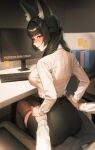  1girl 1other absurdres animal_ear_fluff animal_ears black_hair black_skirt black_thighhighs fox_ears fox_girl highres hoshimi_miyabi limart long_hair looking_at_viewer office_lady patreon_username pencil_skirt red_eyes shirt skirt thighhighs white_shirt zenless_zone_zero 