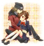  1girl aragaki_shinjirou beanie bow brown_hair couple female_protagonist_(persona_3) hair_ornament hat hetero hug persona persona_3 persona_3_portable red_eyes ribbon school_uniform shooting-star trench_coat 