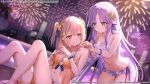  2girls :d adjusting_another&#039;s_clothes aerial_fireworks ankle_ribbon aqua_eyes armpit_crease assault_lily backlighting banshouya_ena bare_arms bare_legs bare_shoulders behind_another bikini blue_bow blurry blurry_foreground blush bow breasts brown_hair building chair choker cleavage commentary_request copyright_notice dutch_angle fireworks floral_print flower flower_thigh_strap frilled_bikini frilled_wrist_cuffs frills grin hair_flower hair_ornament hair_ribbon hand_on_own_chest hands_up highres jewelry knees_up layered_bikini leaning_forward leg_ribbon long_hair looking_at_another looking_to_the_side lounge_chair low-tied_sidelocks medium_breasts multiple_girls navel necklace night official_alternate_costume official_art on_chair orange_bikini orange_choker orange_eyes orange_ribbon outdoors pendant pool print_bikini purple_flower purple_hair purple_ribbon reclining ribbon ring sakofu see-through_bikini see-through_clothes see-through_wrist_cuffs side-tie_bikini_bottom sidelocks sideways_glance skyscraper smile standing stomach swimsuit tada_shiera two_side_up tying very_long_hair water wet white_bikini wrist_bow wrist_cuffs wrist_flower yellow_flower 
