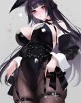  1girl 707arisu absurdres alternate_costume animal_ear_fluff animal_ears bare_shoulders black_hair black_leotard black_pantyhose breasts commentary cowboy_shot detached_sleeves fingernails fishnet_pantyhose fishnets fox_ears fox_girl heart highleg highleg_leotard highres hoshimi_miyabi large_breasts leotard long_fingernails long_hair looking_at_viewer pantyhose parted_lips red_eyes signature simple_background skindentation solo very_long_hair white_background zenless_zone_zero 