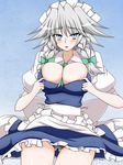  black_panties blue_eyes braid breasts bursting_breasts cleavage highres izayoi_sakuya large_breasts maid maid_headdress panties pantyshot short_hair silver_hair solo thigh_gap thighs touhou twin_braids underwear upskirt zefyu 