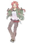  :d alternate_costume blue_eyes braid casual contemporary fingerless_gloves gloves hong_meiling jacket long_hair morino_hon open_mouth pants red_hair shirt shoes smile sneakers solo star touhou twin_braids 