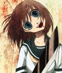  blue_eyes brown_hair crazy crazy_eyes hatchet head_tilt higurashi_no_naku_koro_ni horror_(theme) nose_hatchet open_mouth oyashiro ryuuguu_rena school_uniform short_hair solo suzuragi_karin 