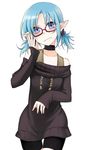  bike_shorts blue_eyes blue_hair blush choker face glasses halterneck hands kaida_michi original pointy_ears short_twintails solo twintails 