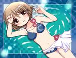  bikini blue_bikini brown_eyes brown_hair flower from_above hair_ornament hidamari_sketch lying patoto sarong short_hair solo swimsuit white_sarong x_hair_ornament yuno 