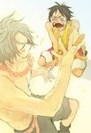  2boys black_hair black_shorts brother brothers closed_eyes crying death freckles happy jewelry male male_focus marineford monkey_d_luffy mourning multiple_boys necklace one_piece portgas_d_ace red_shorts sad scar short_hair shorts siblings tears topless vest yellow_vest 