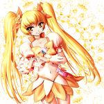  blonde_hair bow choker cure_sunshine hair_ribbon heart heart_hands heartcatch_precure! izumo_(pixiv362913) long_hair magical_girl midriff myoudouin_itsuki navel orange_bow orange_choker orange_skirt precure ribbon skirt smile solo twintails yellow yellow_background yellow_bow yellow_eyes 