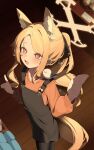  1girl absurdres alternate_costume alternate_hairstyle animal_ear_fluff animal_ears animal_on_shoulder apron bird bird_on_shoulder black_pantyhose blonde_hair blue_archive blush bright_pupils commentary_request flower fox_ears fox_girl fox_tail green_apron hair_flower hair_ornament halo highres hijo_(nakare2845) long_hair long_sleeves multicolored_eyes open_mouth orange_shirt pantyhose ponytail seia_(blue_archive) shirt smile standing tail white_pupils yellow_halo 