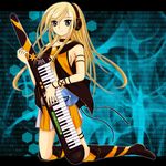  asymmetrical_clothes blonde_hair blue_eyes blue_nails boots breasts cd collar collarbone headphones highres instrument kazzha keytar knee_boots kneeling lily_(vocaloid) long_hair nail_polish sideboob skirt small_breasts solo thigh_boots thighhighs vocaloid 
