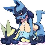  1:1 2025 3_fingers all_fours anthro anthro_on_anthro areola biped blue_body blue_fur blue_tail breasts chest_spike clenched_teeth digital_drawing_(artwork) digital_media_(artwork) duo eye_contact female female/female fingers fur generation_4_pokemon hand_spike hi_res lolobot looking_at_another lucario lying nintendo nipples nude nude_anthro nude_female on_back open_mouth pokemon pokemon_(species) red_eyes smile spikes spikes_(anatomy) tail teeth tongue yellow_body yellow_fur 