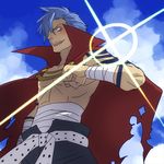  bad_id bad_pixiv_id bandages belt blue_hair cape kamina lens_flare male_focus muscle red_eyes sarashi shirtless solo tattoo tengen_toppa_gurren_lagann 