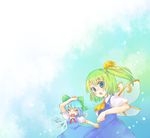  blue_eyes bow cirno closed_eyes covering_head daiyousei dress green_hair hair_bow hair_ribbon holding_hands multiple_girls ribbon short_hair side_ponytail sky takamura touhou wings 