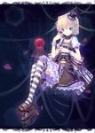  aqua_eyes bad_id bad_pixiv_id blonde_hair choker cross dress drink flower gothic gothic_lolita haibara_ai hat highres lolita_fashion meitantei_conan mini_hat mini_top_hat petals platform_footwear red_flower red_rose rose rose_petals short_hair solo striped striped_legwear thighhighs top_hat yayin_(yayin233) 