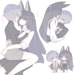  2girls absurdres animal_ears belle_(zenless_zone_zero) black_hair black_necktie black_shirt black_skirt blue_eyes blue_hair braid collared_shirt earrings fox_ears grey_skirt hair_ornament half_up_braid highres hoshimi_miyabi jewelry long_hair multiple_girls necktie orange_eyes pleated_skirt shirt short_hair simple_background sitting sitting_on_lap sitting_on_person skirt sleeves_rolled_up speech_bubble translation_request white_background white_shirt yuri zenless_zone_zero zzzii0 