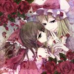  blonde_hair bow brown_hair flower gloves hair_bow hakurei_reimu japanese_clothes kyoma_(yellowxcake) long_hair miko multiple_girls ribbon rose touhou wrist_grab yakumo_yukari yuri 