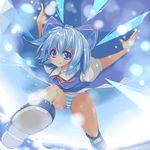  bad_id bad_pixiv_id blue_eyes blue_hair bow cirno foreshortening hair_bow herin_(dark-angel) panties short_hair solo striped striped_panties touhou underwear wings 