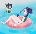 1girl afloat barefoot black_hair blue_eyes chibi closed_mouth commentary eyelashes hair_ornament hair_ribbon hairclip innertube liko_(pokemon) meowscarada multiple_views pink_ribbon pokemon pokemon_(anime) pokemon_(creature) pokemon_horizons ponytail rei_hinketsu ribbon short_ponytail sidelocks smile sparkle swept_bangs swim_ring swimsuit symbol-only_commentary terapagos toes twitter_username water watermark 