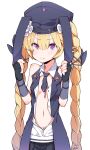  1girl animal_ears artist_name black_gloves black_necktie blonde_hair braid commentary_request cowboy_shot ears_down elbow_gloves fake_animal_ears fingerless_gloves girls&#039;_frontline gloves hair_ribbon hat highres holding_ears jacket korean_commentary long_hair navel necktie no_bra open_clothes pout purple_eyes rabbit_ears ribbon signature simple_background skirt sleeveless solo sr-3mp_(girls&#039;_frontline) tosyeo twin_braids unbuttoned very_long_hair white_background 