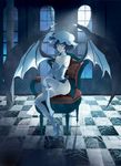  absurdres bad_id bad_pixiv_id bare_shoulders bat_wings blue_flower blue_hair blue_rose chair checkered checkered_floor corset demon_wings elbow_gloves fingerless_gloves flower full_body gloves hat high_heels highres legs maryo moon moonlight night perspective red_eyes remilia_scarlet rose shoe_dangle shoes short_hair single_shoe sitting skindentation smile smirk solo thighhighs touhou window wings 