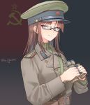  1girl absurdres artist_name belt binoculars brown_belt brown_coat brown_hair buttons closed_mouth coat collar_tabs commentary double-breasted flag_background glasses green_hat green_jacket hammer_and_sickle hat highres holding holding_binoculars jacket leochan1202 long_hair long_sleeves looking_at_viewer military military_rank_insignia military_uniform original peaked_cap purple_eyes red_star semi-rimless_eyewear shoulder_boards sidelocks smile solo soviet_army soviet_flag star_(symbol) under-rim_eyewear upper_body world_war_ii 