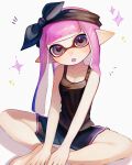  1girl :o black_bow black_hairband black_shorts bow bow_hairband breasts cleavage dolphin_shorts fang gradient_hair hairband head_tilt inkling inkling_girl inkling_player_character kodak_painter long_hair looking_at_viewer multicolored_hair notice_lines open_mouth pink_hair pointy_ears purple_eyes purple_hair shorts sitting solo sparkle splatoon_(series) splatoon_3 tentacle_hair two-tone_hair white_background 