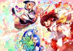  aqua_hair battle blonde_hair bloomers blue_hair bow braid broom broom_riding brown_hair colored_eyelashes colorful danmaku detached_sleeves eyelashes flying foreshortening frog glitter gradient_hair green_eyes green_hair grin hair_bow hair_ornament hakurei_reimu hat kirisame_marisa kneehighs kochiya_sanae large_bow long_hair momiji_mao multicolored_hair multiple_girls ofuda open_mouth outstretched_arms perspective red_eyes side_braid smile snake touhou underwear white_legwear witch_hat yellow_eyes 