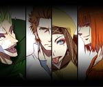  3boys acqua_of_the_back anti-eyebrow_piercing bloody_moon blue_eyes cross eyebrow_piercing fiamma_of_the_right god's_right_seat green_hair grin multiple_boys piercing red_eyes red_hair smile terra_of_the_left to_aru_majutsu_no_index tongue tongue_piercing vent_of_the_front 