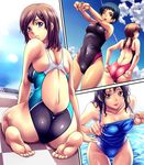  :p ass back bare_shoulders barefoot black_hair blue_eyes brown_eyes brown_hair competition_swimsuit feet hair_ornament hairclip highres kneeling multiple_girls nagayori one-piece_swimsuit one_eye_closed original red_eyes short_hair swimsuit tongue tongue_out twintails wet 