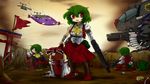  aircraft airplane bandages blood bloodycat bow clone commentary_request detached_sleeves gap gears_of_war green_hair gun hair_bow hakurei_reimu highres kazami_yuuka mary_janes mecha multiple_girls red_eyes shoes torii torn_clothes touhou weapon 