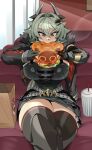  1girl absurdres breasts burger caesar_king_(zenless_zone_zero) captain_kirb cropped_legs crossed_legs food green_hair hair_between_eyes highres holding holding_burger holding_food huge_breasts indoors jacket large_breasts long_hair looking_at_food sitting solo thick_thighs thighhighs thighs yellow_eyes zenless_zone_zero zettai_ryouiki 