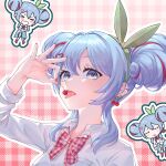  1girl an_dres_art blue_eyes bow cherry cherry_pop_(vocaloid) earrings food fruit green_hairband hair_between_eyes hair_bun hairband hatsune_miku highres jewelry long_sleeves open_mouth plaid_background plaid_bow red_nails shirt tongue tongue_out vocaloid white_shirt 