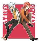  casual dark_skin dark_skinned_male denim eyepatch green_eyes hood hoodie inazuma_eleven inazuma_eleven_(series) jacket jeans kiyama_hiroto male_focus multiple_boys pants red_hair sakuma_jirou tama_(songe) white_hair 