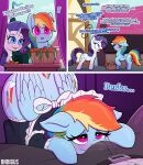 absurd_res accessory blue_body blue_feathers blue_fur blush bnbigus bulge carrot clothed clothing comic crotch_sniffing dialogue duo equid equine feathered_wings feathers female feral food friendship_is_magic frilly frilly_accessory frilly_hairband fur genitals hair hair_accessory hairband hasbro hi_res looking_at_viewer maid_uniform male mammal multicolored_hair multicolored_tail my_little_pony mythological_creature mythological_equine mythology pegasus plant rainbow_dash_(mlp) rainbow_hair rainbow_tail rarity_(mlp) smile sniffing spreading tail uniform vegetable wings
