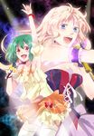  arm_garter blonde_hair blue_eyes blush earrings gen_(enji) green_hair jewelry macross macross_frontier microphone multiple_girls orange_skirt ranka_lee red_eyes sheryl_nome short_hair skirt thighhighs 