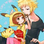  1girl blonde_hair brown_eyes brown_hair cosplay denji_(pokemon) gen_1_pokemon gum_(gmng) hood hoodie lowres pantyhose pikachu pikachu_(cosplay) poke_kid_(pokemon) pokemon pokemon_(creature) pokemon_(game) 