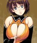  bad_id bad_pixiv_id bare_shoulders blue_eyes breasts bridal_gauntlets brown_hair cleavage downblouse elbow_gloves glasses gloves hair_ornament hairclip huge_breasts masao original paizuri_invitation parted_lips shirt_tug short_hair solo upper_body 