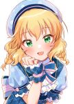  1girl blonde_hair blush breasts green_eyes hat highres idolmaster idolmaster_cinderella_girls idolmaster_cinderella_girls_starlight_stage idolmaster_cinderella_girls_u149 kahiika looking_at_viewer open_mouth sakurai_momoka simple_background small_breasts solo upper_body white_background 
