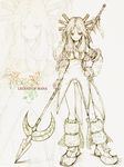  baku_(bakunooekaki) boots braid detached_sleeves hair_ornament hand_on_hip imu_(lom) legend_of_mana long_hair monochrome polearm seiken_densetsu sketch smile solo twin_braids weapon 