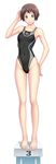  barefoot breasts brown_eyes brown_hair competition_swimsuit covered_nipples highres kuri_(kurigohan) legs mizuno one-piece_swimsuit short_hair simple_background small_breasts solo swimsuit white_background 