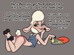 2025 3_fingers ankle_monitor anthro arched_back black_eyebrows black_hooves black_text blue_clothing blue_shirt blue_tank_top blue_topwear blush blush_lines bovid breasts caprine chips_(food) clothed clothed_anthro clothed_female clothing cloven_hooves dated dawn_bellwether dialogue disney domestic_sheep english_text eyebrows eyelashes female female_anthro fingers food fur green_eyes half-closed_eyes hand_on_own_cheek head_turned heart_symbol hi_res hooves looking_back lying mammal medium_breasts midriff narrowed_eyes on_front open_mouth panties pink_body pink_clothing pink_panties pink_skin pink_tongue pink_underwear pupils sheep shirt short_tail side_boob signature soulcentinel tail talking_to_another tank_top text tongue topwear underwear white_body white_fur white_tail wool_(fur) zootopia