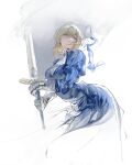  1girl absurdres ahoge artoria_pendragon_(fate) ascot blonde_hair blue_dress braid breasts closed_mouth cowboy_shot dress fate/stay_night fate_(series) gauntlets highres holding holding_sword holding_weapon kanji_(nievart) light_smile looking_to_the_side saber_(fate) sidelocks solo sword weapon white_ascot white_background 