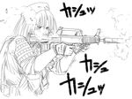  assault_rifle bullpup casing_ejection didloaded elbow_pads firing gloves greyscale gun hat holding holding_gun holding_weapon hong_meiling long_hair military_operator monochrome muzzle_flash qbz-95 rifle shell_casing smoke solo suppressor touhou vest weapon 