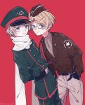  2boys ahoge aiguillette america_(hetalia) arms_behind_back artist_name ascot axis_powers_hetalia belt black-framed_eyewear black_belt black_gloves blonde_hair blue_eyes breast_pocket brown_hat brown_jacket buttons closed_mouth commentary_request cowboy_shot glasses gloves green_hat green_jacket green_pants grey_ascot grey_hair grey_shirt hair_between_eyes hat hat_ornament highres jacket lapels long_sleeves looking_at_viewer male_focus medal military_hat military_jacket military_uniform multiple_boys pants pocket puffy_long_sleeves puffy_sleeves purple_eyes red_background russia_(hetalia) scarf semi-rimless_eyewear sheer_candy shirt short_hair simple_background smile standing star_(symbol) star_hat_ornament star_ornament star_print white_pants white_scarf 
