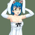  :d animal_ears armpits arms_up bad_id bad_pixiv_id bare_shoulders blue_hair bow breasts bunny_ears cleavage copyright_request dress elbow_gloves glasses gloves green_eyes masao medium_breasts open_mouth short_hair simple_background smile solo strapless strapless_dress teeth upper_body 