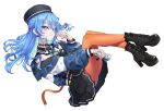  1girl aqua_hair aqua_ribbon belt beret black_choker black_hat black_skirt blue_eyes blue_hair blue_sleeves boots bow bow_earrings buttons choker closed_mouth detached_sleeves earrings fetal_position floating full_body hair_between_eyes hat high_heel_boots high_heels highres hololive hoshimachi_suisei hoshimachi_suisei_(casual) igo_miku jewelry lace lace-up_boots lace_choker long_sleeves miniskirt multicolored_hair neck_ribbon orange_pantyhose pantyhose quilted_jacket ribbon shoelaces skirt sleeveless sleeveless_jacket smile solo thigh_belt thigh_strap two-tone_hair white_sleeves 