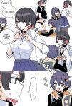  ... 2girls ^^^ arrow_(symbol) belle_(zenless_zone_zero) black_bra black_choker black_dress black_hair black_panties black_pantyhose black_shirt blue_skirt blush bra breasts buttoning choker clothes_pull collared_shirt colored_inner_hair commentary_request dress ellen_joe ellen_joe_(on_campus) expressionless fingernails fins fish_tail green_eyes hair_ornament hand_to_own_mouth highres imagining jacket korean_text letter_hair_ornament long_sleeves maid maid_headdress mole mole_under_eye multicolored_hair multiple_girls panties pantyhose pantyhose_pull pleated_skirt puffy_short_sleeves puffy_sleeves red_eyes red_hair shark_girl shark_tail shirt short_sleeves sierit simple_background skirt smile spoken_ellipsis sweatdrop tail tail_through_clothes thumbs_up translation_request trembling underwear undressing_another white_background white_shirt yuri zenless_zone_zero 