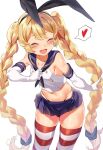  1girl black_panties blonde_hair blue_sailor_collar blue_skirt braid closed_eyes commentary_request cosplay cowboy_shot crop_top elbow_gloves girls&#039;_frontline gloves hairband heart highleg highleg_panties kantai_collection long_hair miniskirt navel open_mouth panties pooor sailor_collar shimakaze_(kancolle) shimakaze_(kancolle)_(cosplay) simple_background skirt smile solo spoken_heart sr-3mp_(girls&#039;_frontline) standing striped_clothes striped_thighhighs thighhighs twin_braids underwear very_long_hair white_background white_gloves white_hairband 