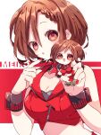  2girls :d :o bare_shoulders blush breasts brown_eyes brown_hair character_name cleavage commentary_request crop_top cropped_jacket double-parted_bangs dual_persona hair_between_eyes highres holding holding_mini_person jacket kaho_0102 large_breasts looking_at_viewer meiko_(vocaloid) midriff mini_person minigirl multiple_girls nail_polish open_mouth red_background red_jacket red_nails short_hair sleeveless sleeveless_jacket smile two-tone_background vocaloid white_background wrist_cuffs 