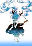 1girl aozukikawasemi barefoot black_dress black_ribbon blue_eyes blue_hair bright_pupils bubble collarbone crying crying_with_eyes_open dress hair_over_one_eye hair_ribbon hatsune_miku highres long_hair one_eye_covered ribbon shinkai_shoujo_(vocaloid) tears twintails very_long_hair vocaloid white_background white_pupils 